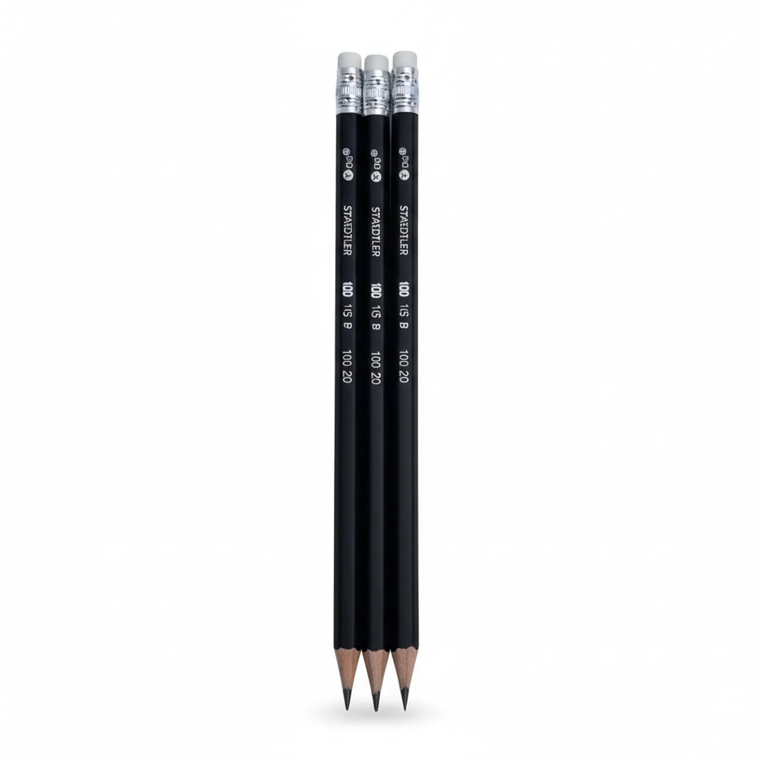 Three Staedtler Pencil 001 black graphite pencils with silver ferrules and erasers, arranged vertically on white background