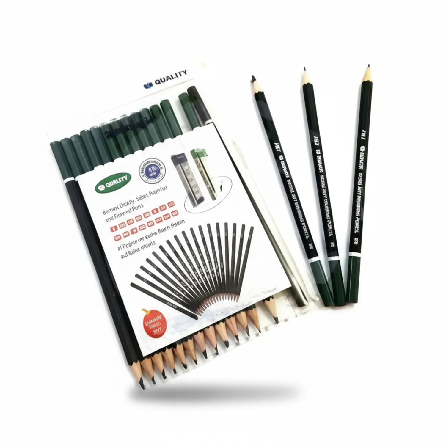 Quality Pencil Degree Set with 24 professional drawing pencils, sharpener, eraser, and three sample pencils displayed showing varying hardness grades