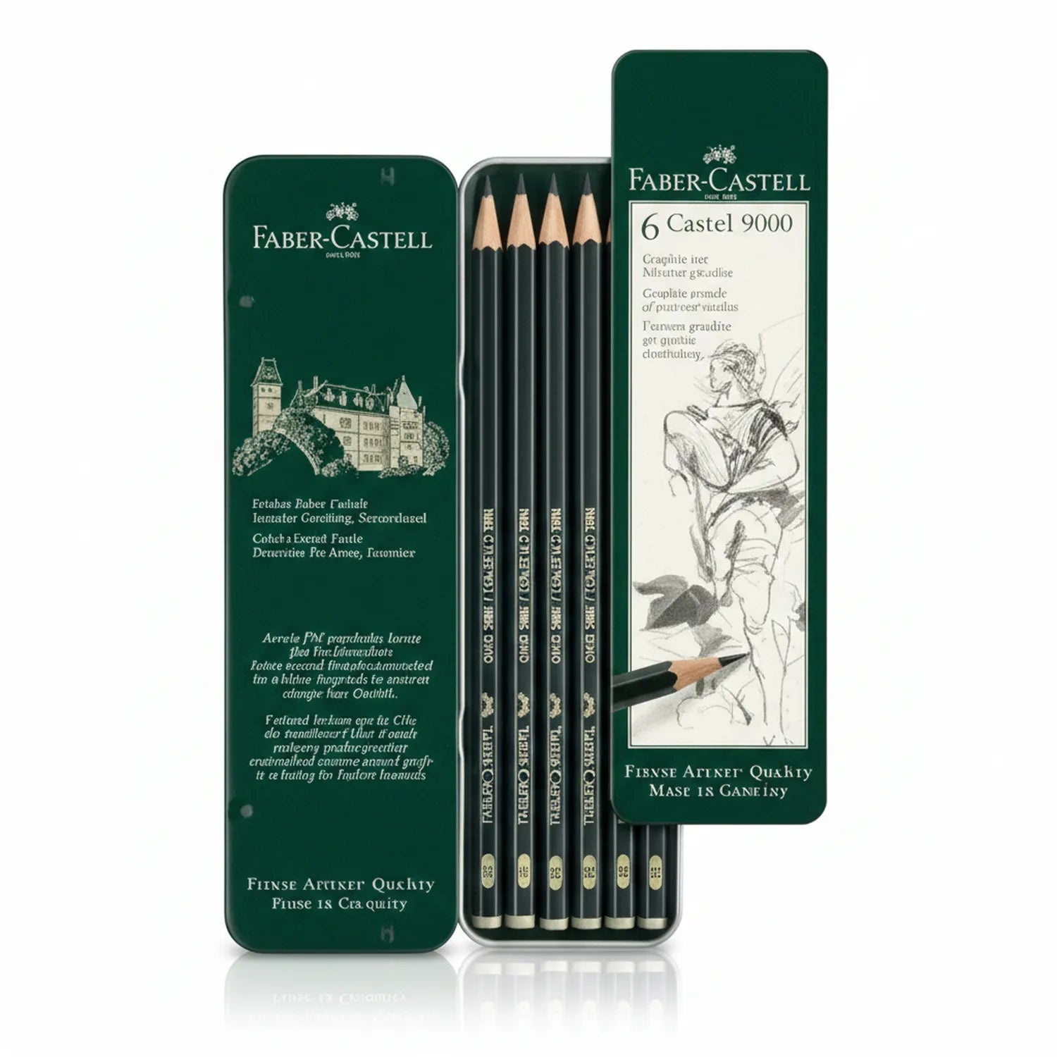 Faber-Castell Castel 9000 6-pencil graphite set with green tin featuring castle design, showing six black pencils with natural tips