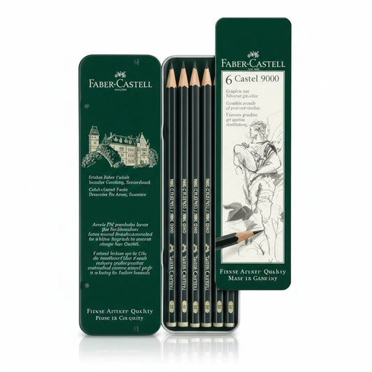 Faber-Castell Castel 9000 6-pencil graphite set with green tin featuring castle design, showing six black pencils with natural tips