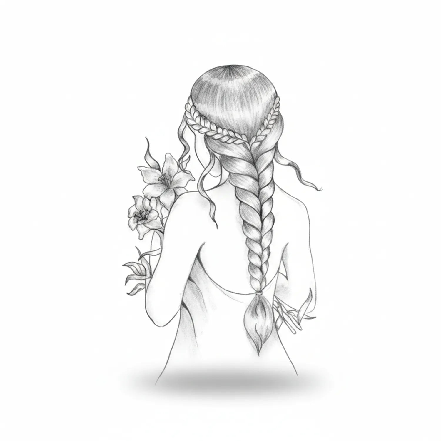 Detailed pencil drawing of woman with braided hair, flowing braids, and delicate flowers, showcasing realistic graphite shading technique