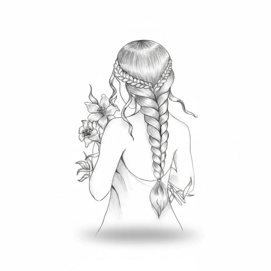 Detailed pencil drawing of woman with braided hair, flowing braids, and delicate flowers, showcasing realistic graphite shading technique