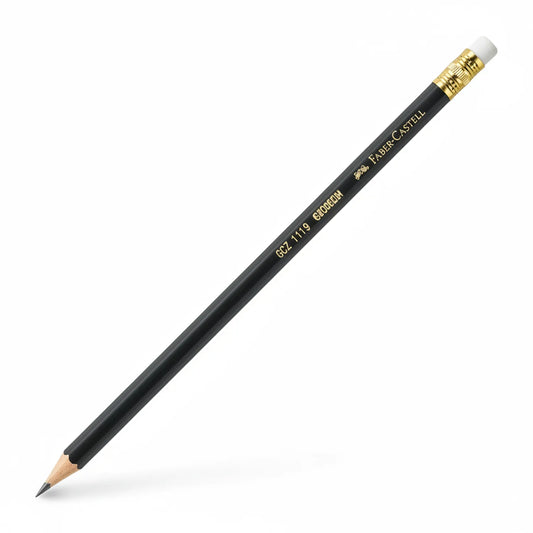 Faber-Castell graphite pencil with gold ferrule and white eraser, black barrel with gold text details, premium writing instrument
