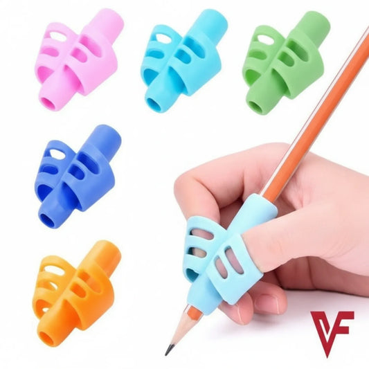 Pencil Grip Set in 6 colors (pink, blue, green, purple, yellow, orange) with one grip shown on orange pencil being held