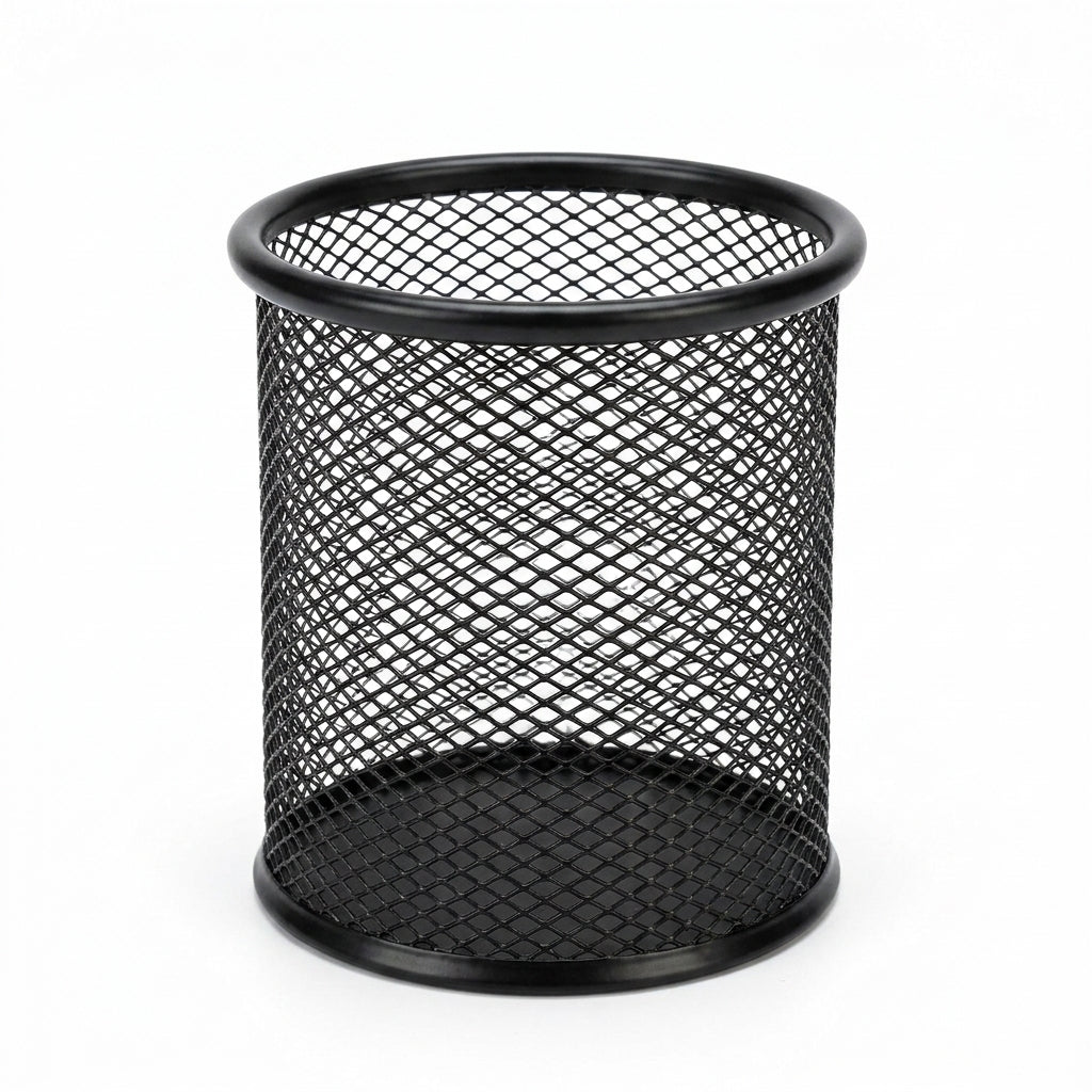 Black mesh cylindrical pencil jar with reinforced rim and solid base, ideal for organizing writing supplies