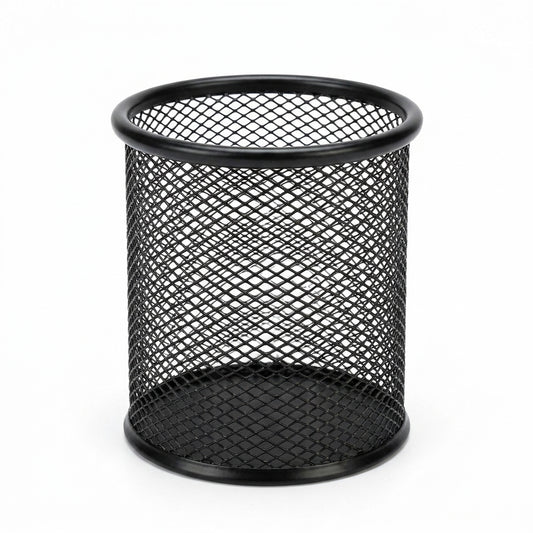 Black mesh cylindrical pencil jar with reinforced rim and solid base, ideal for organizing writing supplies
