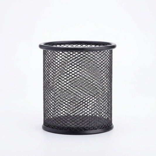 Black mesh cylindrical pencil jar with lattice pattern, metal rim and base, open design for desk organization