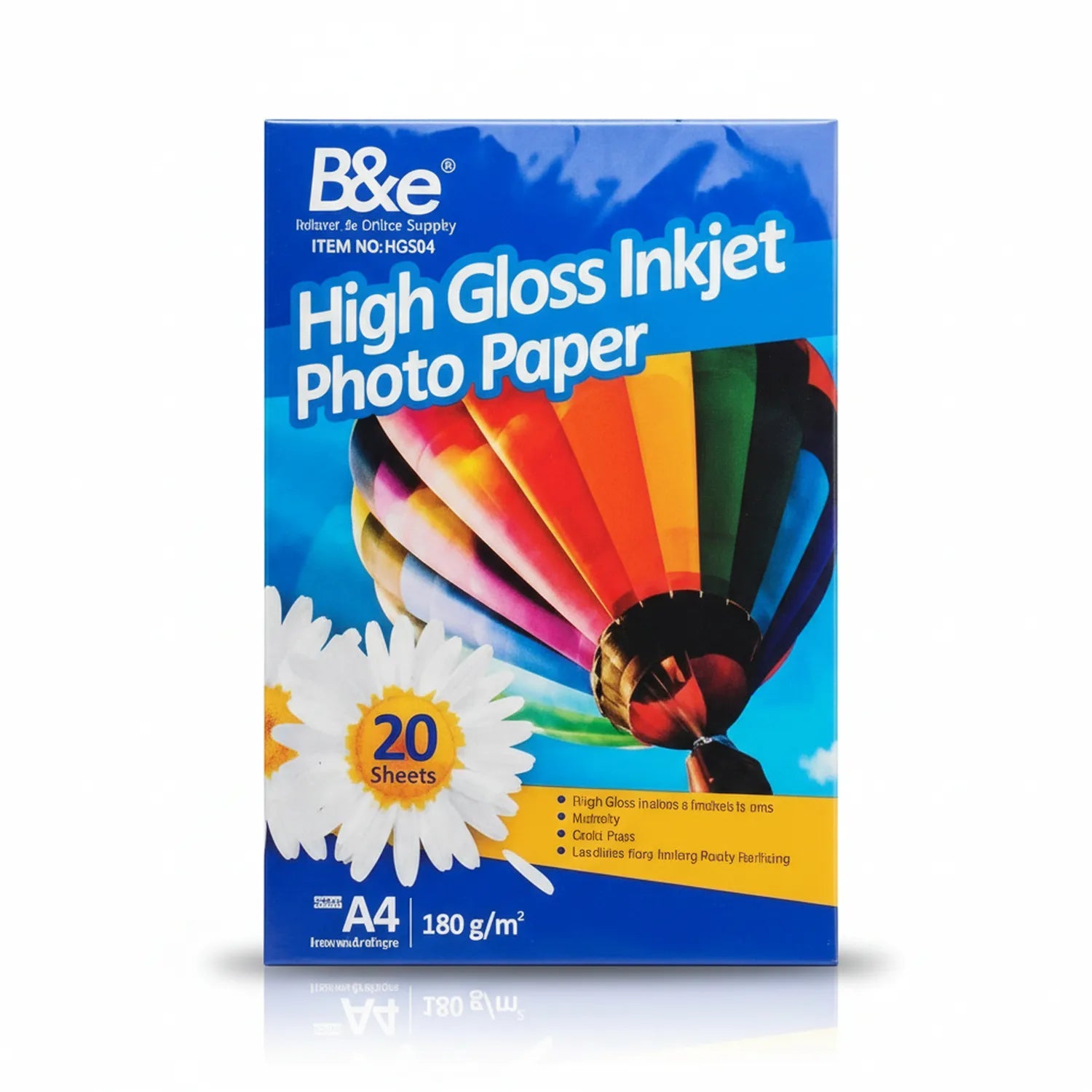 B&E High Gloss Inkjet Photo Paper box - 20 sheets, A4 size, 180 g/m², featuring colorful hot air balloon and daisy flower design on blue packaging