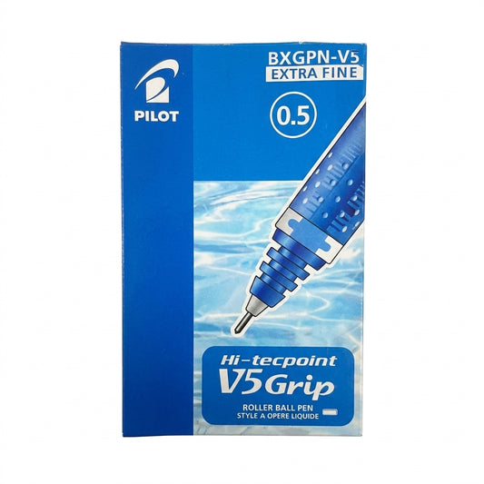 Pilot V5 Grip Extra Fine 0.5mm blue roller ball pen in packaging with Hi-tecpoint technology branding
