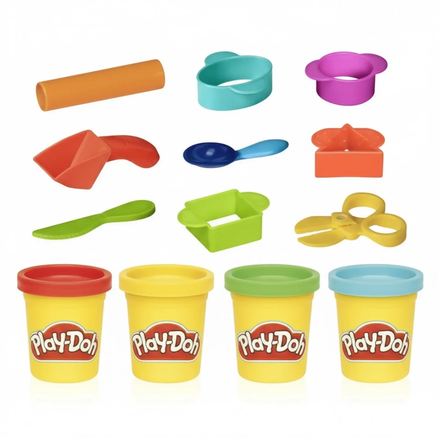 Play-Doh modeling compound set with 4 yellow containers in assorted colors and 9 creative plastic tools including scissors, spoon, knife, and mat.