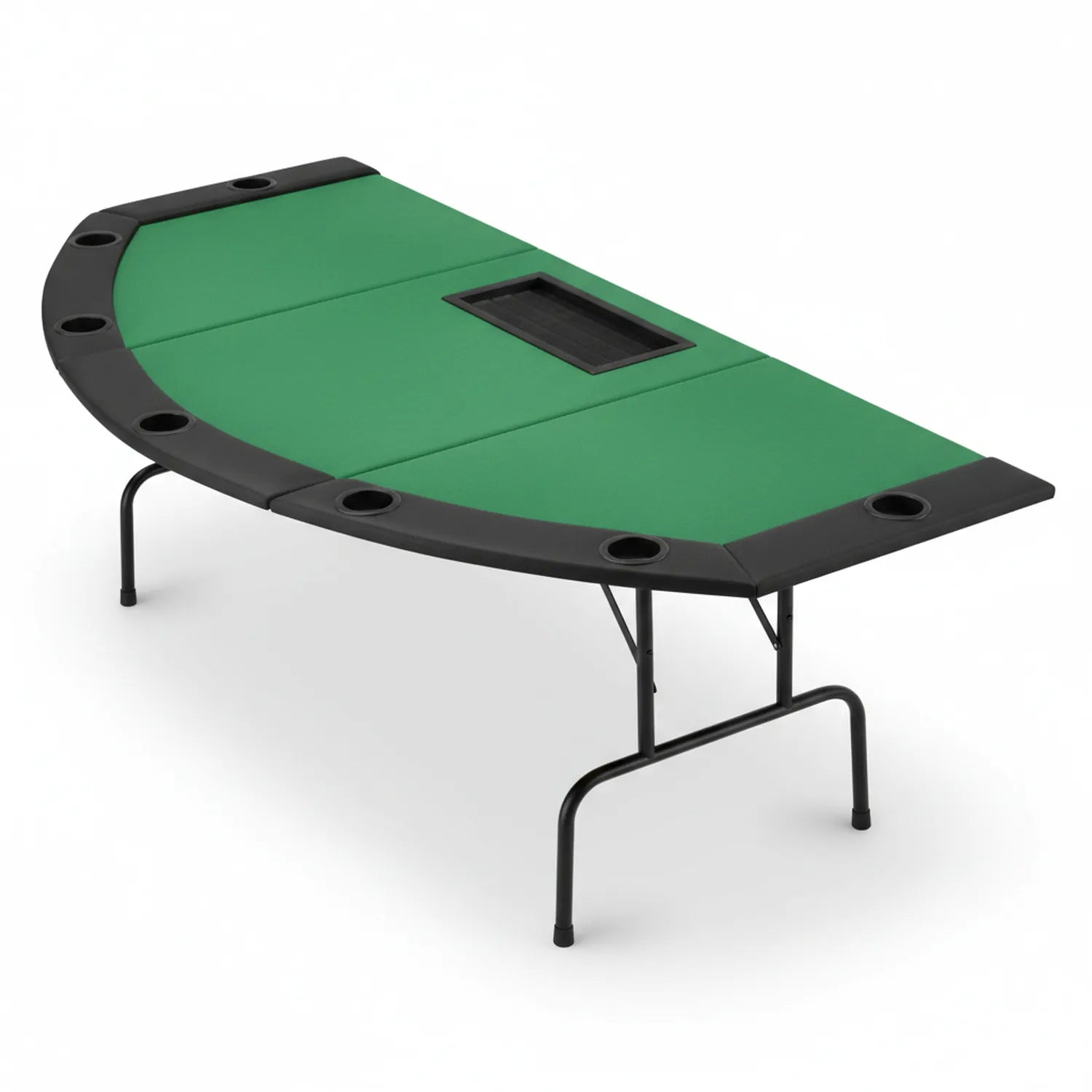 Poker Steel DL 0520 folding poker table with green felt playing surface, black steel frame, integrated cup holders, and collapsible legs