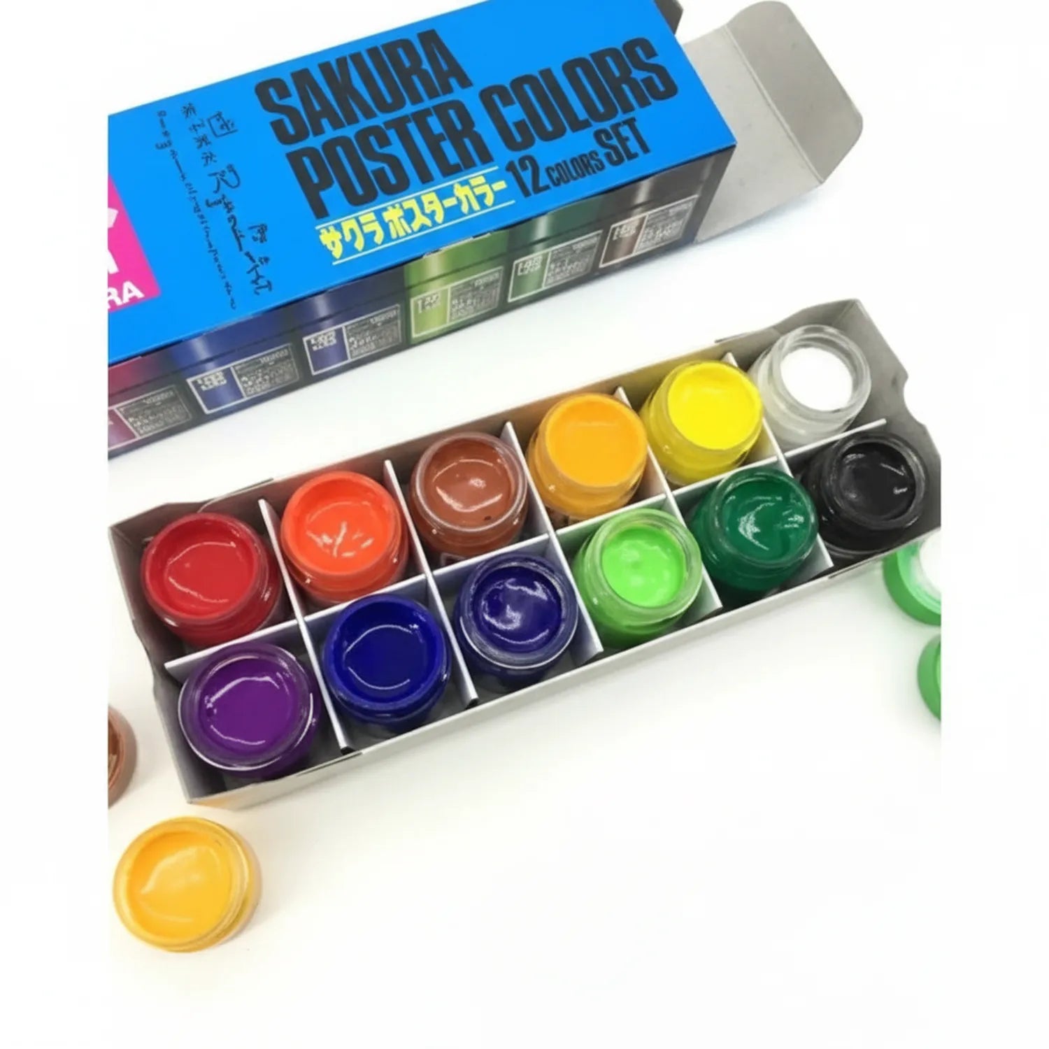 Sakura Poster Color Artist S12 Set with 12 bright paint colors in pots including red, orange, yellow, green, blue, purple, black and white in cardboard storage box