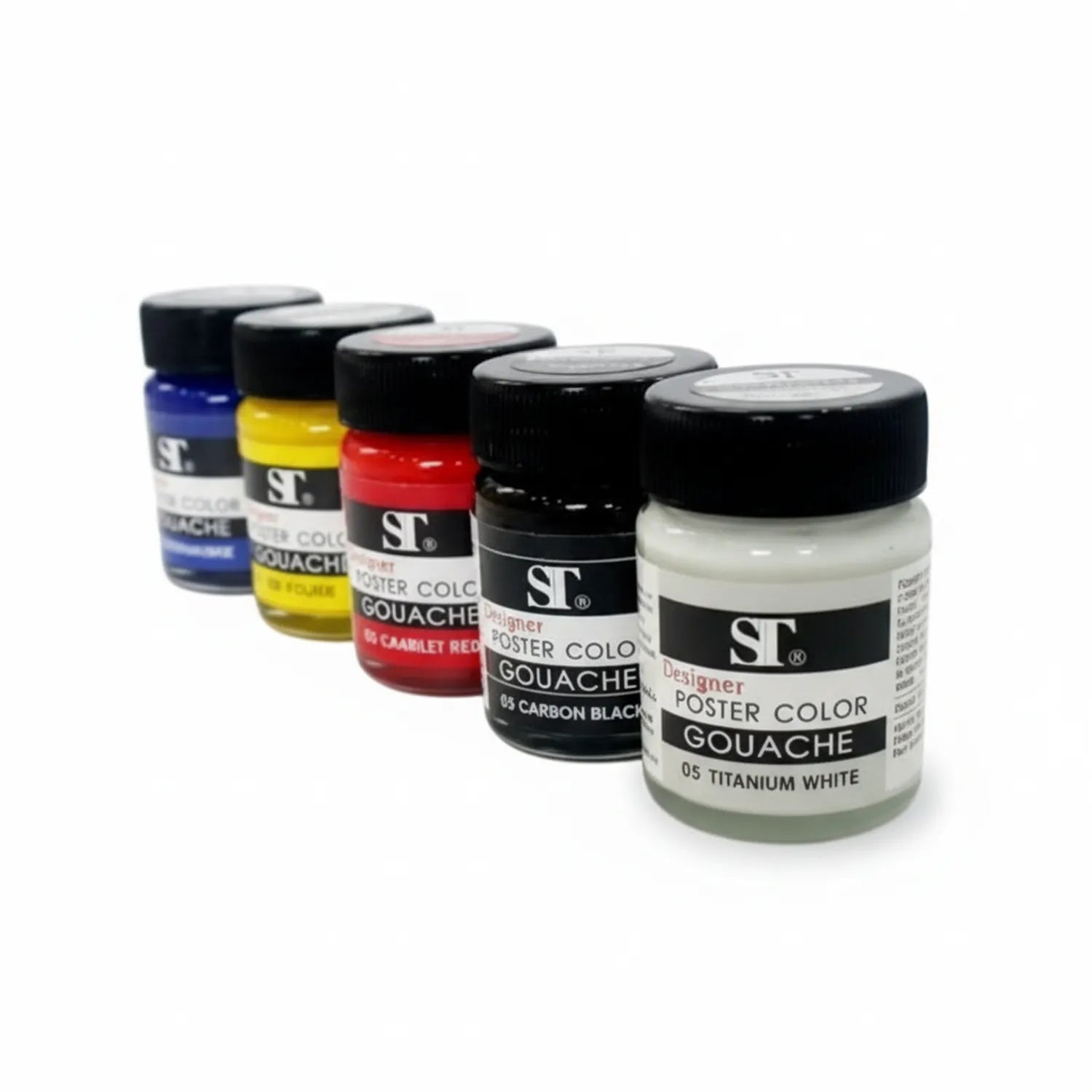 Sennelier Designer Poster Color Gouache 6-color set showing blue, yellow, red, black, and white paint jars with black caps arranged in a row