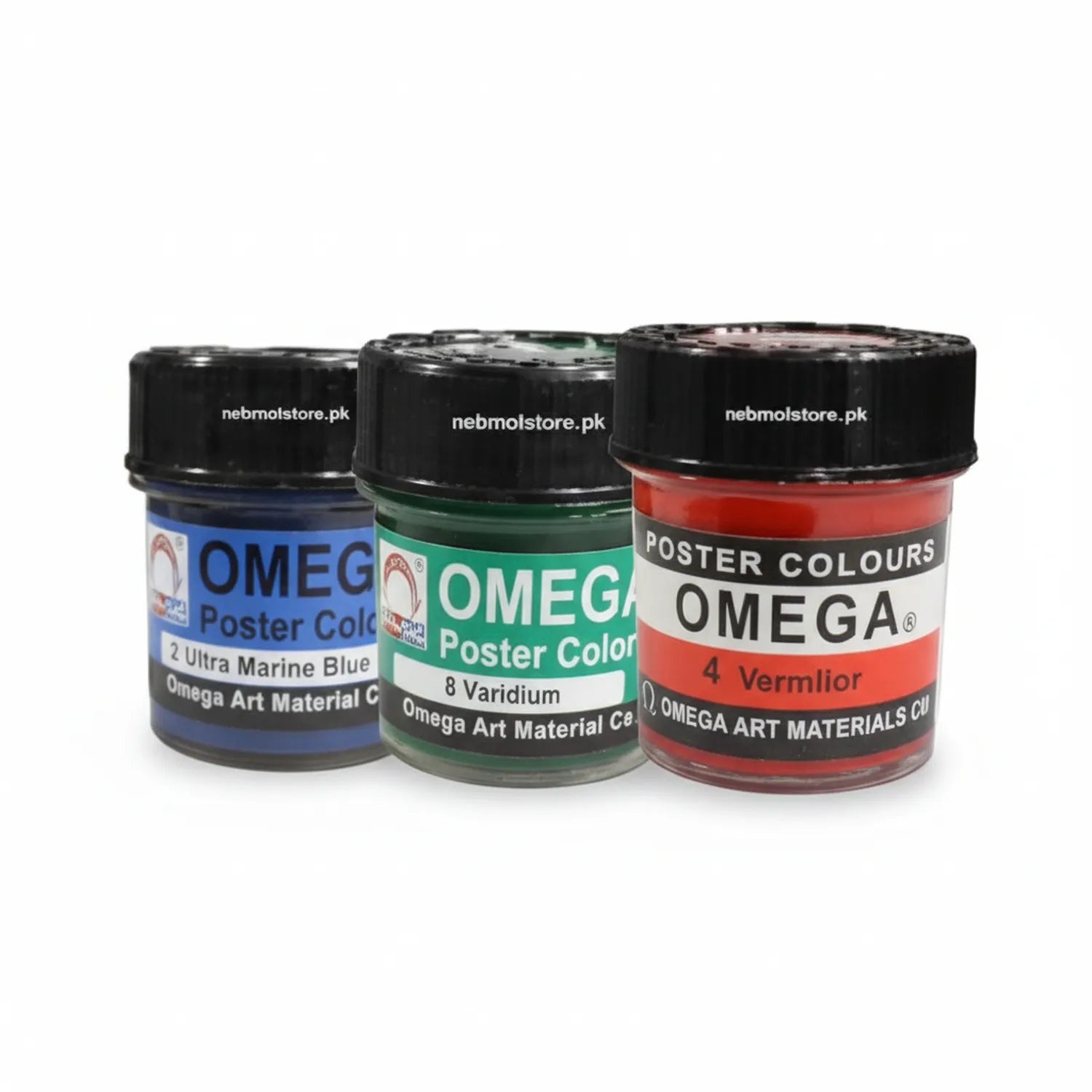 Three jars of Omega Poster Colors by nebmolstore.pk: Ultra Marine Blue, Veridium Green, and Vermilion Red with black lids