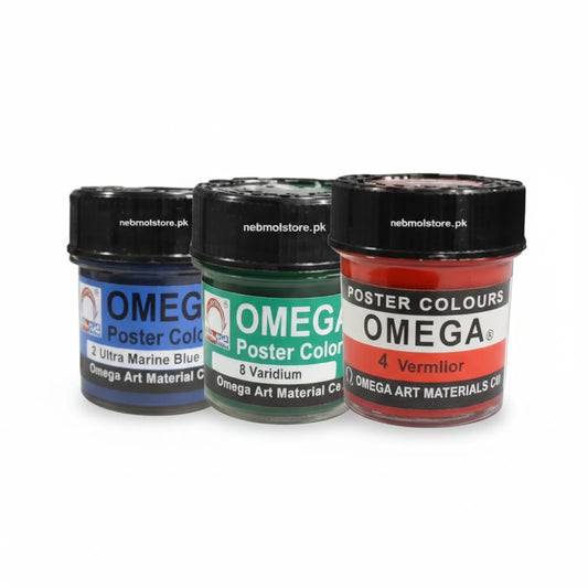 Three jars of Omega Poster Colors by nebmolstore.pk: Ultra Marine Blue, Veridium Green, and Vermilion Red with black lids