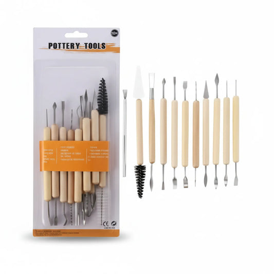 Pottery Tool Set 11 pieces with wooden handles displayed in packaging and spread layout, showing various sculpting and carving tools