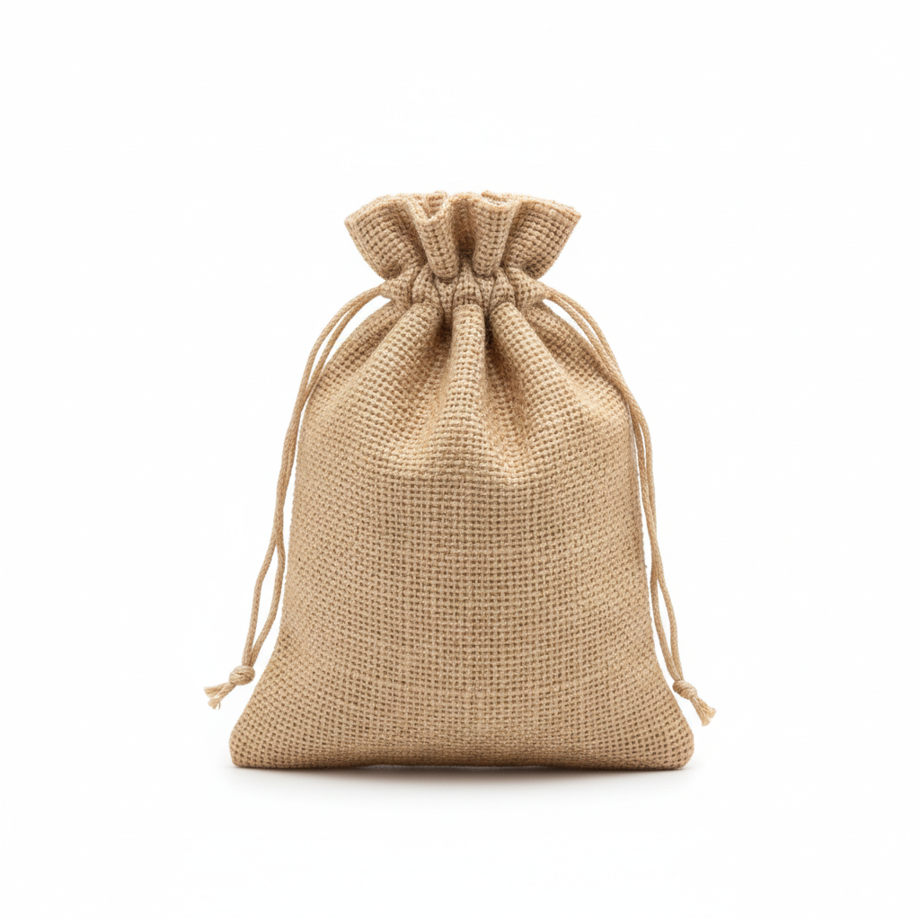 Natural linen drawstring pouch with gathered top and beige woven fabric texture