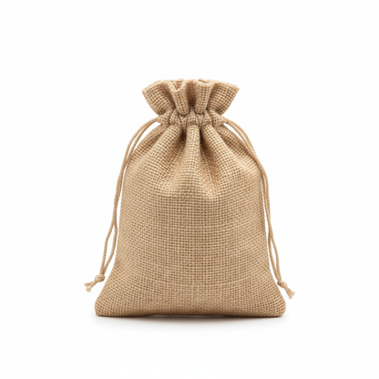 Natural linen drawstring pouch with gathered top and beige woven fabric texture