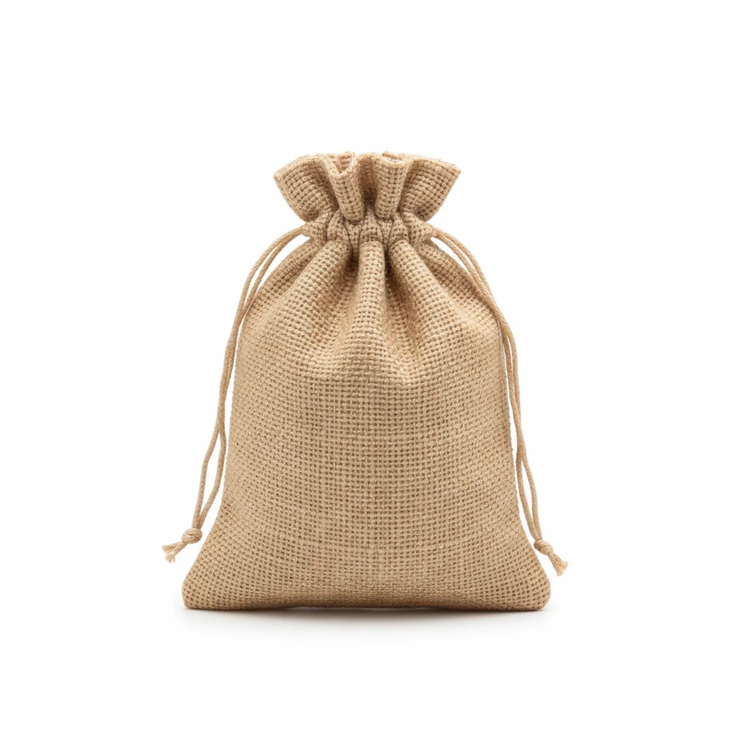 Pouch 50 natural beige burlap drawstring bag with textured weave and reinforced cord handles on white background