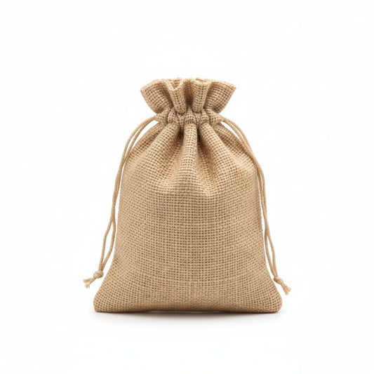 Pouch 50 natural beige burlap drawstring bag with textured weave and reinforced cord handles on white background