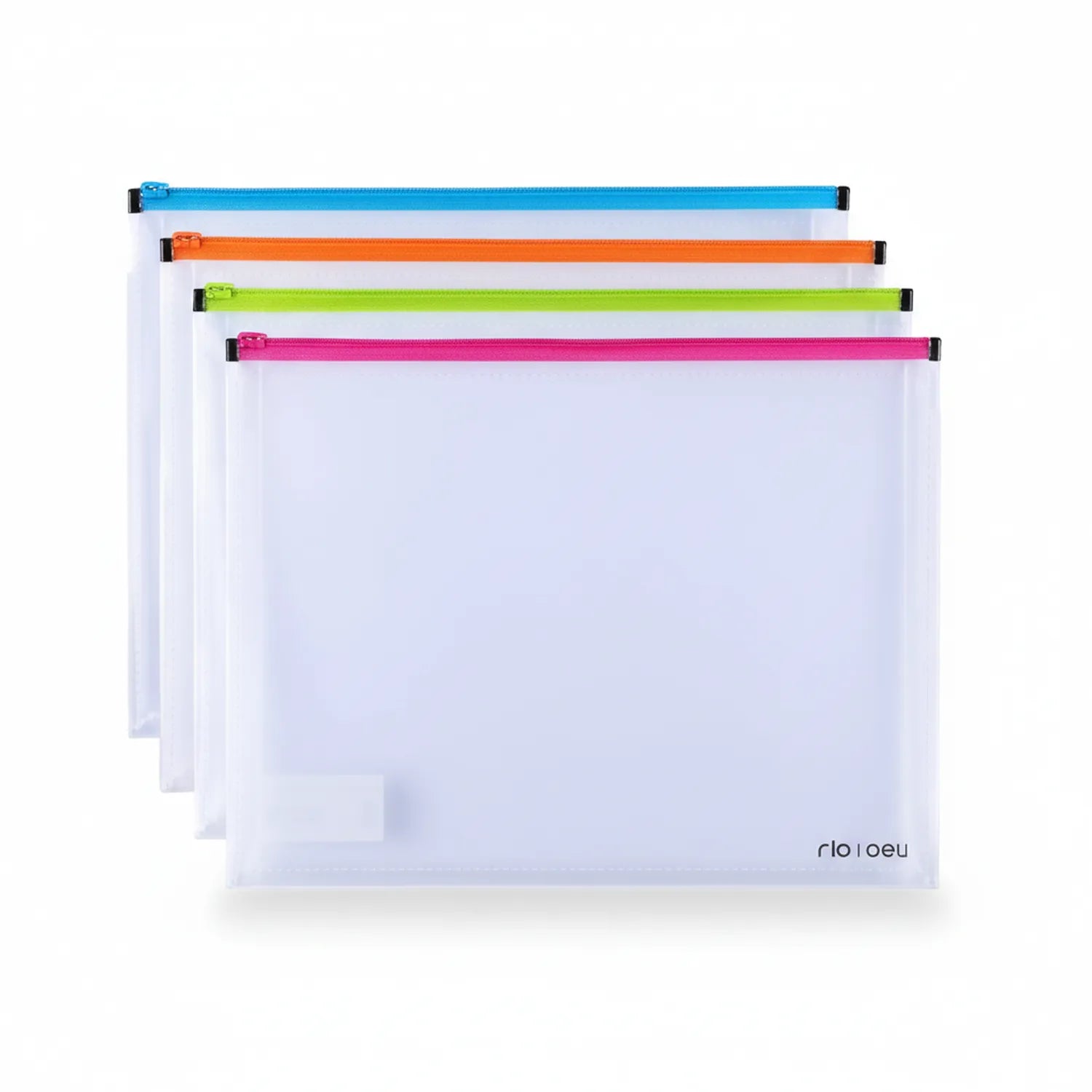 Cloiou A4 mesh zipper pouches set with 4 colorful variants - blue, orange, lime green, and hot pink - transparent storage pouches stacked