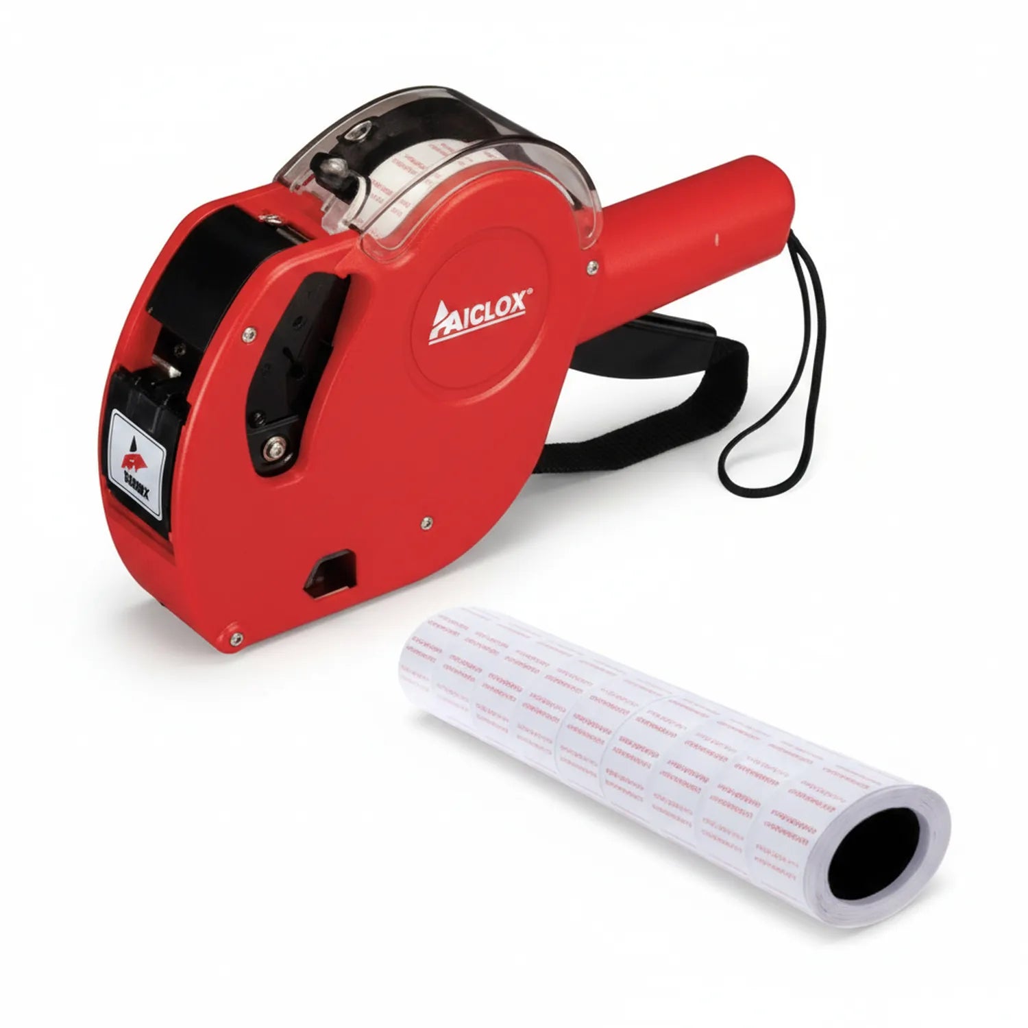 Red Aiclox handheld price gun with black grip and label window, includes roll of white price labels with red text