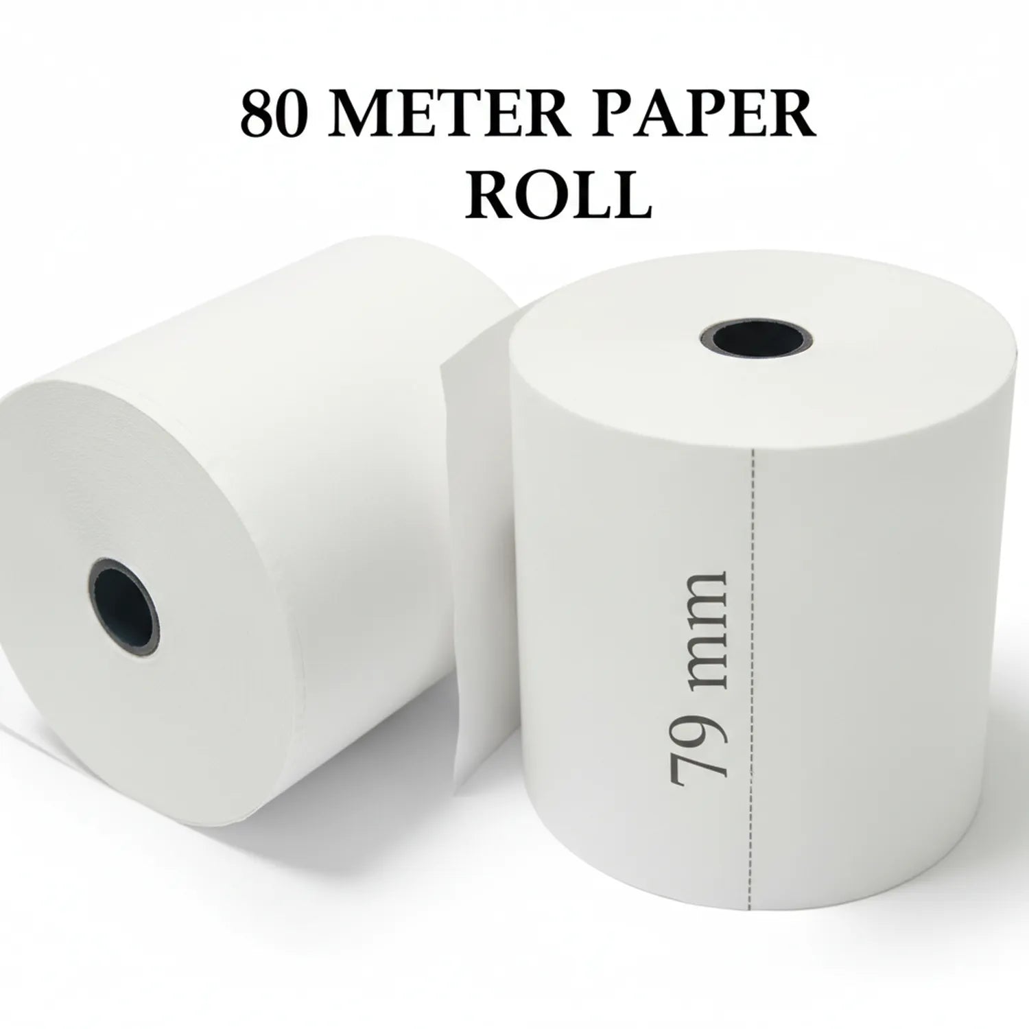 Two white 80 meter thermal paper rolls with 79mm width shown with cardboard cores, product title above