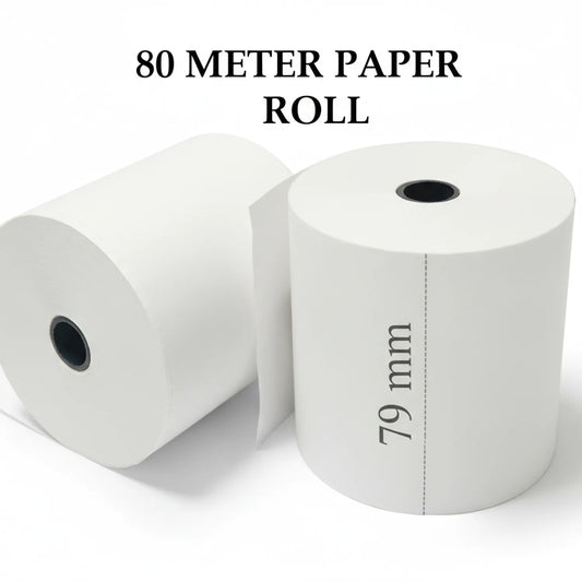 Two white 80 meter thermal paper rolls with 79mm width shown with cardboard cores, product title above