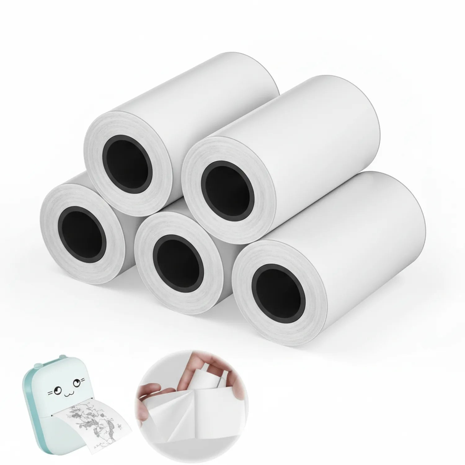 5 white thermal printer rolls with black openings, displayed with cute portable printer and paper sample showing printed image