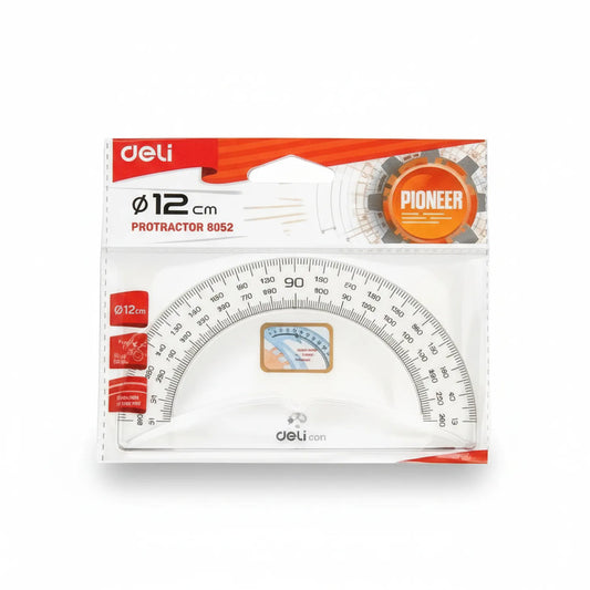 Deli Pioneer Protractor 8052, 12cm semi-circle measuring tool with dual-scale degree markings in white packaging with red branding.