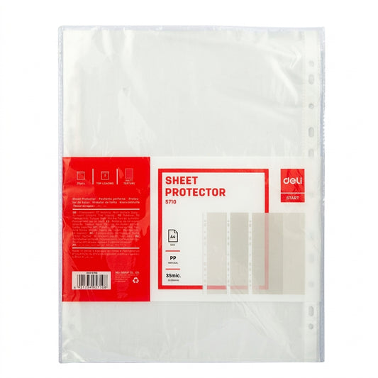 Deli Sheet Protector 5710 A4 50-pack in clear packaging with red product label showing specifications