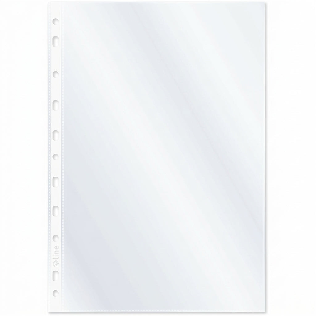 Clear plastic legal-size protector sheet with white punch holes along left margin for ring binders