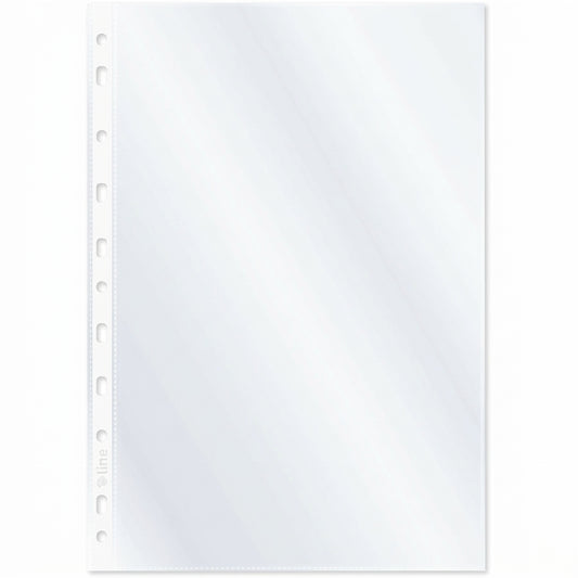 Clear plastic legal-size protector sheet with white punch holes along left margin for ring binders