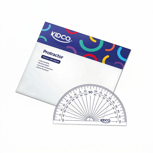 Kidco Protractor 100mm 180 degree with packaging showing colorful design and product details
