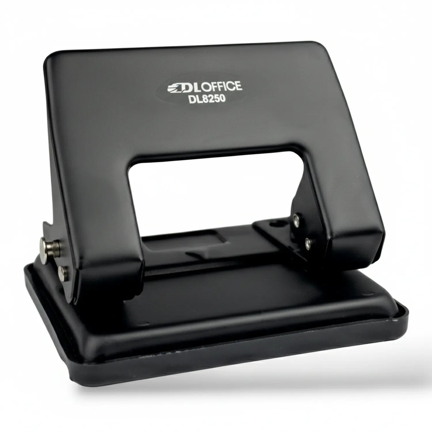 DL Office DL8250 black 2-hole desktop punch with metal mechanism, ergonomic handles, and weighted base for office use.