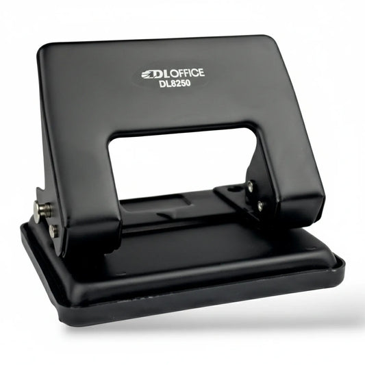 DL Office DL8250 black 2-hole desktop punch with metal mechanism, ergonomic handles, and weighted base for office use.