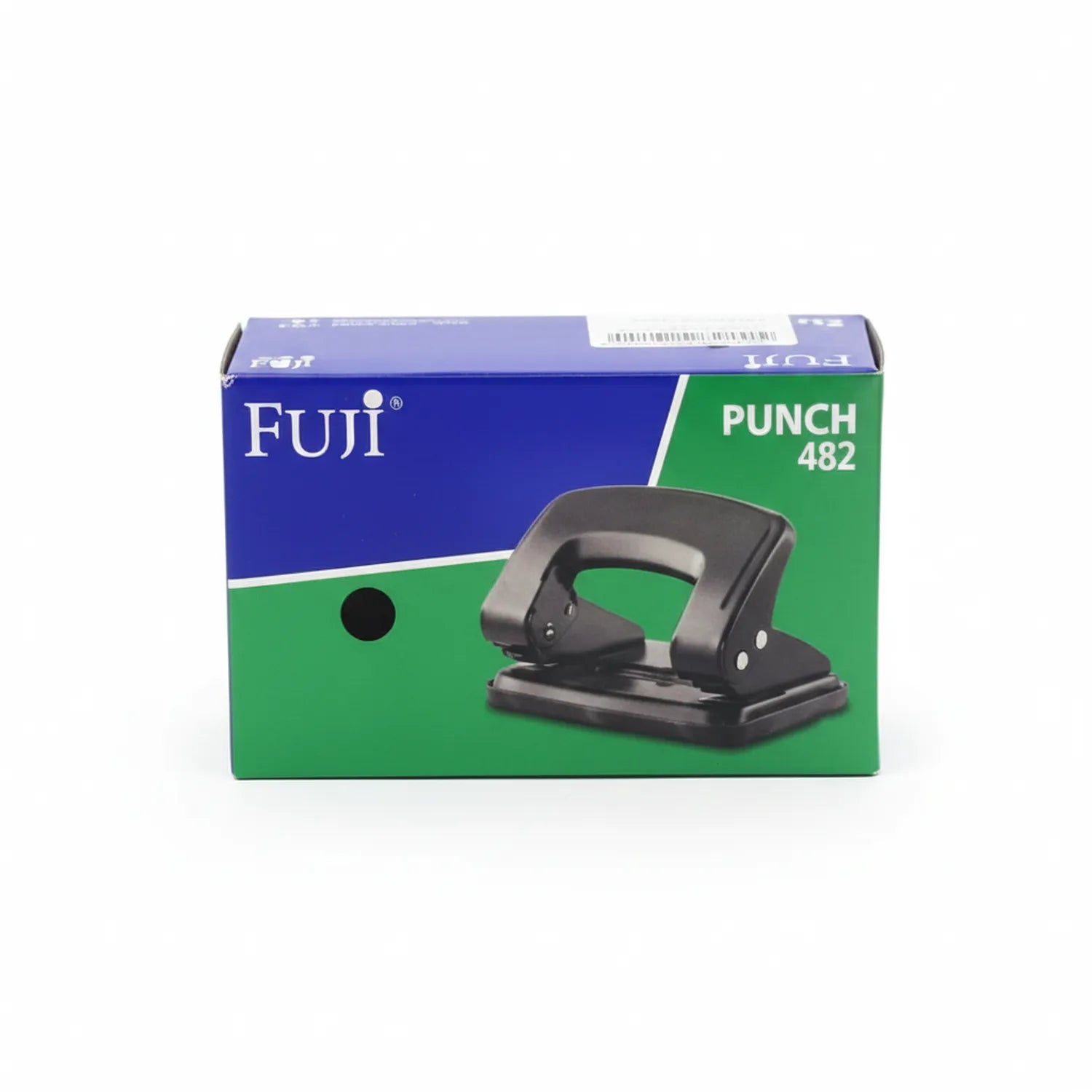 Fuji Punch 482 black 2-hole paper punch with ergonomic handle shown on product packaging with blue and green design