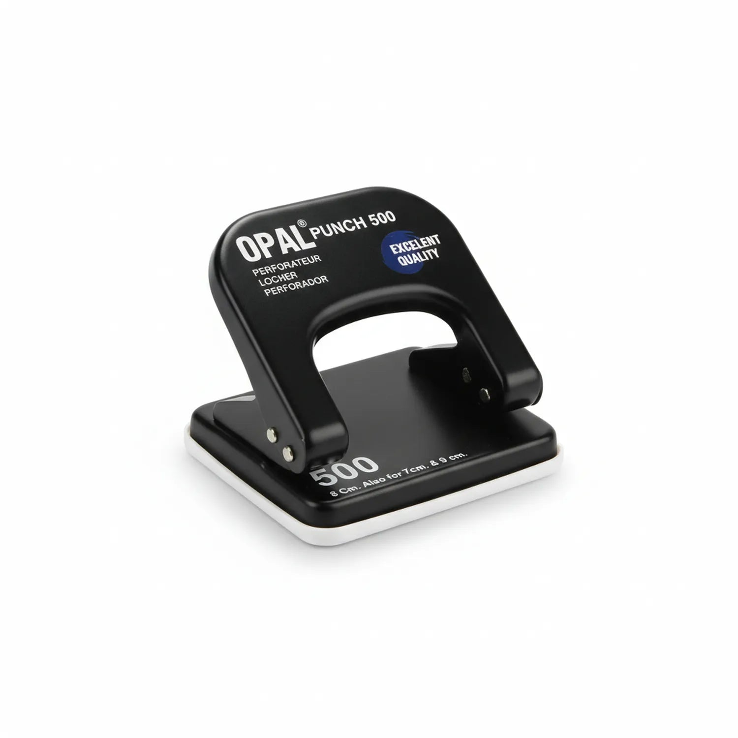 Opal Punch 500N black 2-hole paper punch with white base, excellent quality label, and handle on white background