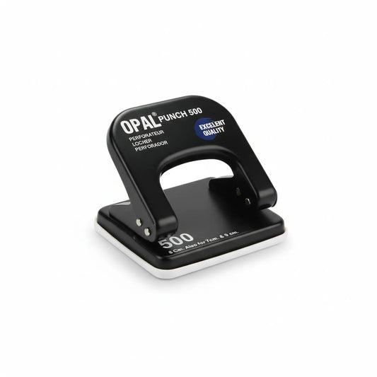 Opal Punch 500N black 2-hole paper punch with white base, excellent quality label, and handle on white background