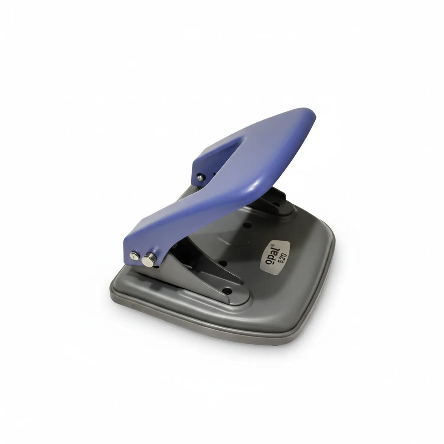 Opal 520 two-hole punch in gray and blue, shown from side angle on white background with visible handle and base.