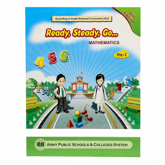 Ready Steady Go Mathematics Pre-1 First Term workbook with school scene, two students, and colorful school building illustration.