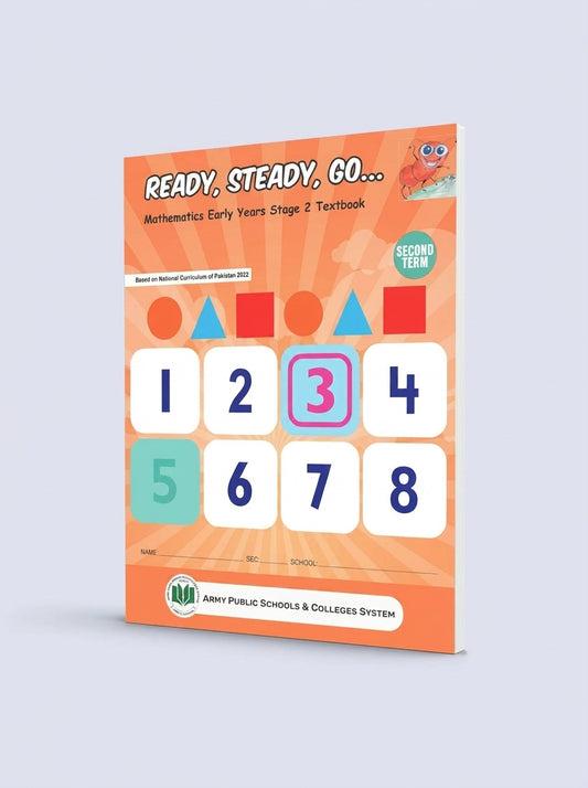 Ready Steady Go Mathematics Early Years Stage 2 Second Term orange textbook with numbers 1-8 and geometric shapes
