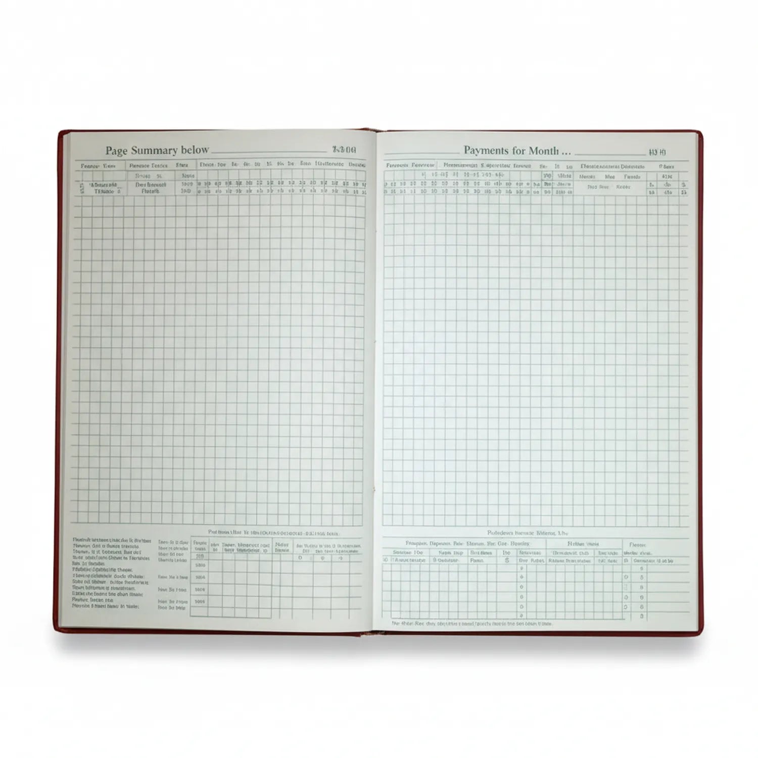 Register Attendance Daily 01 EM FP open hardcover notebook showing grid-lined pages with attendance summary and payment tracking tables