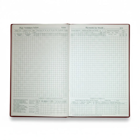 Register Attendance Daily 01 EM FP open hardcover notebook showing grid-lined pages with attendance summary and payment tracking tables