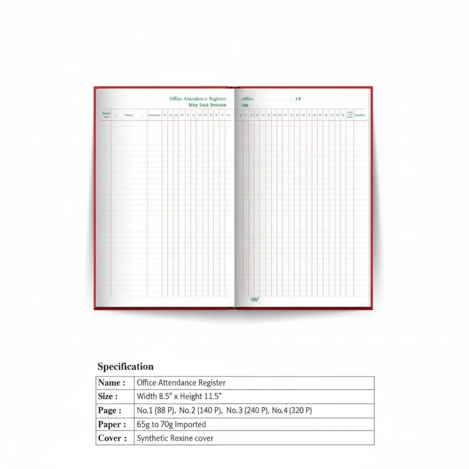 Office Attendance Register Daily 02 Em Fp open display showing red synthetic rexine cover, grid columns for recording attendance, 8.5x11.5 inch size