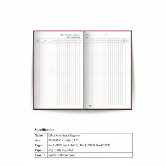 Office Attendance Register Daily 02 Em Fp open display showing red synthetic rexine cover, grid columns for recording attendance, 8.5x11.5 inch size
