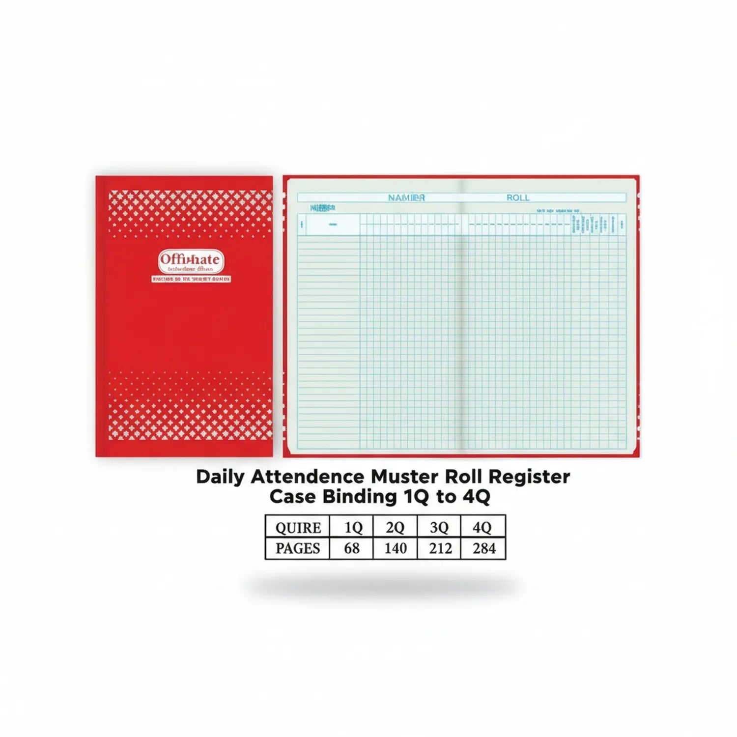 Offishate Daily Attendance Muster Roll Register with red case binding, showing gridded interior pages with NAME and ROLL columns, available in 1Q, 2Q, 3Q, 4Q sizes
