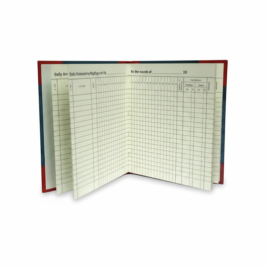 Open Daily Attendance Register with red and dark green hardbound cover, cream-colored pages with printed grid columns for daily monthly attendance tracking
