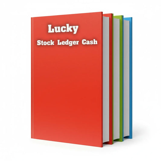 Lucky Register Day Book 02 set showing 4 hardbound ledgers in red, green, and blue covers stacked together for business record-keeping