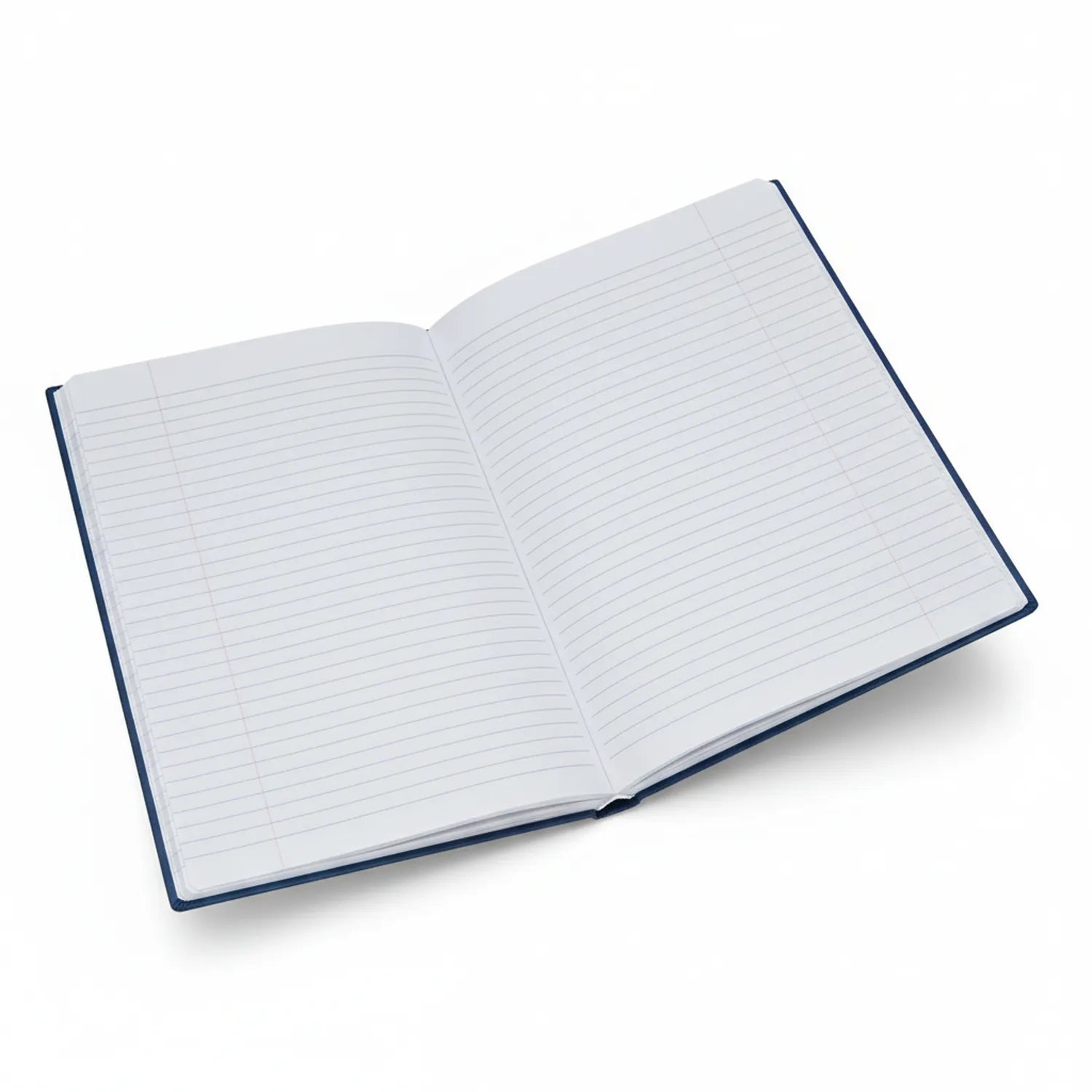 Open navy blue hardcover Register Day Book 02 Um Fp showing blank lined white pages spread flat